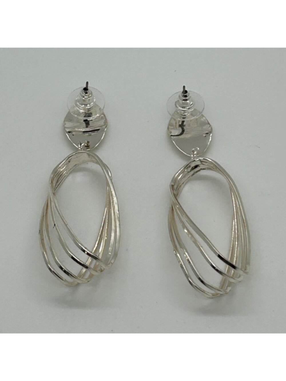 Silver Tone Geometric Dangle Earrings Layered Oval Twisted Hoop Design 2.5 inch - Picture 7 of 11